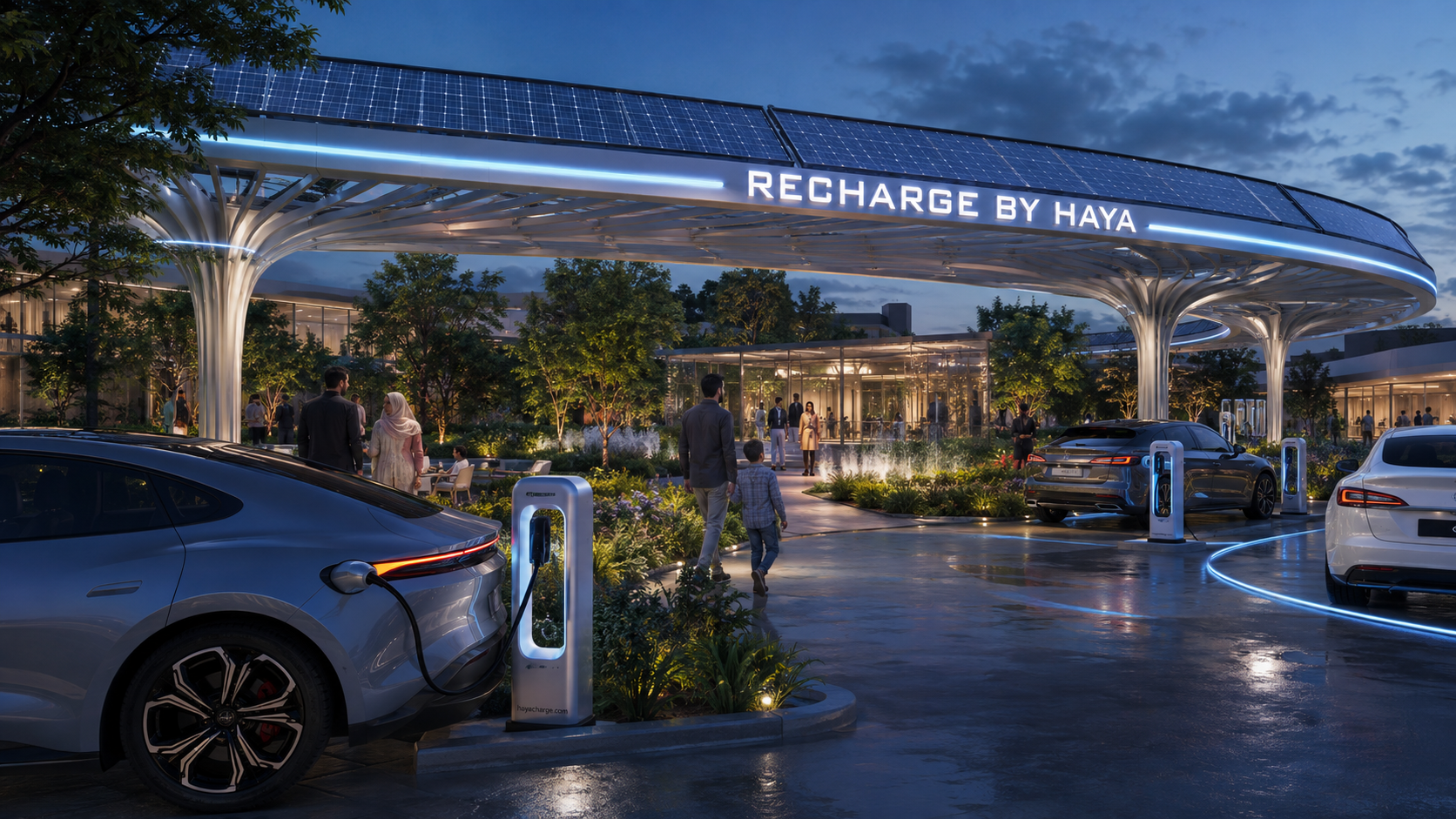 Recharge by Haya Solar Garden Community Plaza with EV charging beneath a solar canopy in Pakistan